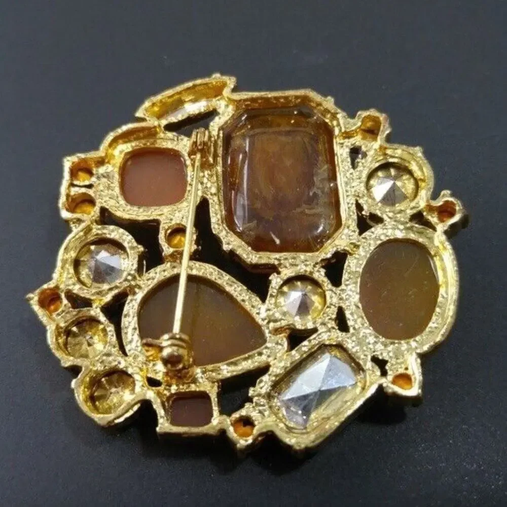Vintage Topaz Cabochons & Rhinestones Brooch, Light Dark Topaz, Gold Tone, 2 In